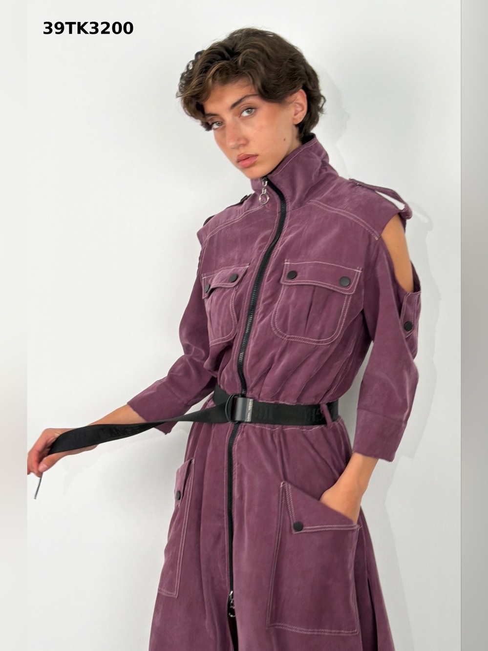 Women's Purple Utility Trench Coat dress  with Cold-Shoulder Detail